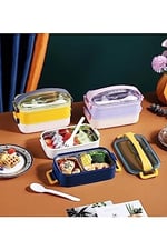 Vagonlife Bento 1600ml Lunchbox 2 Katlı Çelik Sefer Tası Yemek Kutusu (Mor) - Seçenekler: Mor, Lacivert, Sarı