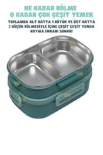 Vagonlife Bento 1650ml Lunchbox 2 Katlı 3 Bölmeli Paslanmaz Çelik Sefer Tası Yemek Kutusu (Yeşil)
