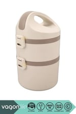 Vagonlife Bento 1800ml Lunchbox 2 Katlı 4-6 Saat Sıcak/Soğuk Termos Özellikli Çelik Sefer Tası Yemek Kutusu (Bej)