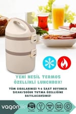 Vagonlife Bento 1800ml Lunchbox 2 Katlı 4-6 Saat Sıcak/Soğuk Termos Özellikli Çelik Sefer Tası Yemek Kutusu (Bej)