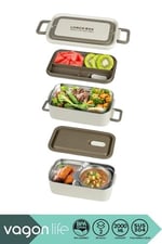 Vagonlife Bento 2000ml Lunchbox 2 Katlı 3 Bölmeli Mini Kaseli Çelik Sefer Tası Yemek Kutusu (Beyaz)