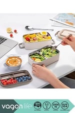 Vagonlife Bento 2000ml Lunchbox 2 Katlı 3 Bölmeli Mini Kaseli Çelik Sefer Tası Yemek Kutusu (Beyaz)