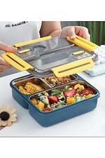 Vagonlife Bento 950ml Lunchbox Tek Katlı 3 Bölmeli Çelik Sefer Tası Yemek Kutusu (Lacivert-Sarı)