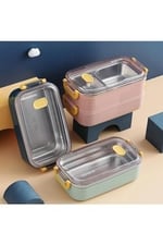 Vagonlife Bento Lunch Box Ofis-Okul İçin Yeni Nesil Sefer Tası 2 kat Taşıma Kulplu Çelik FF367 Lacivert