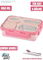 Vagonlife Lunch Box 950 ML Paslanmaz Çelik Tek Kat Dört Bölmeli Çorba Kaseli Metal Kaşıklı-FFLBOX7099