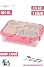 Vagonlife Lunch Box 950 ML Paslanmaz Çelik Tek Kat Dört Bölmeli Çorba Kaseli Metal Kaşıklı-FFLBOX7099