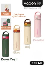 Vagonlife Paslanmaz Çelik Su Matarası - 550 ml Tek Kapak Çift Kullanım Taşıma Kulplu Termos (Yeşil)