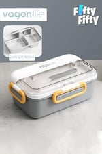 Vagonlife Tek Kat Çift Bölme Bento Lunch Box Ofis-Okul İçin Yeni Nesil Sefer Tası Paslanmaz Çelik 588 Gri