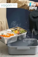 Vagonlife Tek Kat Çift Bölme Bento Lunch Box Ofis-Okul İçin Yeni Nesil Sefer Tası Paslanmaz Çelik 588 Gri