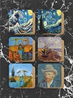 Van Gogh Temalı Ahşap Bardak Altlığı Ahşap Baskılı Altlık 6'lı set (9 x9CM) karbonNM14