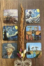 Van Gogh Temalı Ahşap Bardak Altlığı Ahşap Baskılı Altlık 6'lı set (9 x9CM) karbonNM14