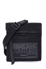 VERSACE JEANS COUTURE Erkekler için Siyah Technicolor Kumaş İmza Crossbody Çanta, Siyah, 8.5x7.5x1