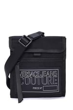 VERSACE JEANS COUTURE Erkekler için Siyah Technicolor Kumaş İmza Crossbody Çanta, Siyah, 8.5x7.5x1
