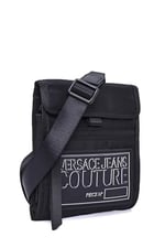VERSACE JEANS COUTURE Erkekler için Siyah Technicolor Kumaş İmza Crossbody Çanta, Siyah, 8.5x7.5x1