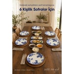 Vienev Mavi Çini Desenli 14 Parça 6 Kişilik Seramik Kahvaltı Takımı Servis Sunum Tabaklı Dekoratif Sofra Seti