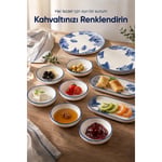 Vienev Mavi Çini Desenli 14 Parça 6 Kişilik Seramik Kahvaltı Takımı Servis Sunum Tabaklı Dekoratif Sofra Seti