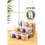 Vienev Renkli Etiketli 12li Set Peggy Kare Erzak Saklama Kabı 9x(0,55 Litre) - 3x(1,75 Litre) Beyaz