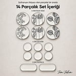 Vienev Siyah Yaprak Desenli 14 Parça 6 Kişilik Seramik Kahvaltı Takımı Servis Sunum Tabaklı Dekoratif Sofra Seti