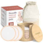 VIVAGO Tekrar Kullanılabilir Makyaj Temizleyici Pedler - (20'li Paket) Yıkanabilir İpli Çamaşır Torbası ve Bambu Tutucu ile Yüz için Yumuşak Tekrar Kullanılabilir Pamuk Yuvarlaklar - Tüm Cilt Tipi Cil