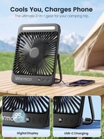 Warmco 20000mAh 8 inç Taşınabilir Kamp Fanı, 48 Saat Maksimum Çalışma Süresi, LED Işık, Sessiz İnce Pille Çalışan Kişisel Masa Fanı Ofis, Seyahat, Yatak Odası, Dış Mekan için Dijital Ekranlı