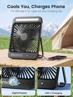 Warmco 20000mAh 8 inç Taşınabilir Kamp Fanı, 48 Saat Maksimum Çalışma Süresi, LED Işık, Sessiz İnce Pille Çalışan Kişisel Masa Fanı Ofis, Seyahat, Yatak Odası, Dış Mekan için Dijital Ekranlı