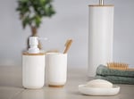 WENKO Posa sabunluk, sıvı sabun, losyon veya deterjan için doldurulabilir pompalı dağıtıcı, sürdürülebilir bambu desenli beyaz plastik, (G x Y x D): 7 x 16,5 x 8 cm, kapasite yaklaşık 330 ml