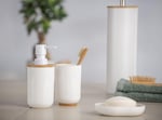 WENKO Posa sabunluk, sıvı sabun, losyon veya deterjan için doldurulabilir pompalı dağıtıcı, sürdürülebilir bambu desenli beyaz plastik, (G x Y x D): 7 x 16,5 x 8 cm, kapasite yaklaşık 330 ml