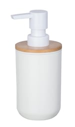 WENKO Posa sabunluk, sıvı sabun, losyon veya deterjan için doldurulabilir pompalı dağıtıcı, sürdürülebilir bambu desenli beyaz plastik, (G x Y x D): 7 x 16,5 x 8 cm, kapasite yaklaşık 330 ml
