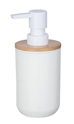 WENKO Posa sabunluk, sıvı sabun, losyon veya deterjan için doldurulabilir pompalı dağıtıcı, sürdürülebilir bambu desenli beyaz plastik, (G x Y x D): 7 x 16,5 x 8 cm, kapasite yaklaşık 330 ml