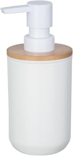 WENKO Posa sabunluk, sıvı sabun, losyon veya deterjan için doldurulabilir pompalı dağıtıcı, sürdürülebilir bambu desenli beyaz plastik, (G x Y x D): 7 x 16,5 x 8 cm, kapasite yaklaşık 330 ml