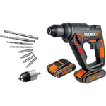 WORX WX390.1 20Volt 2.0Ah. Li-ion 1.2J Profesyonel SDS-Plus Pnömatik Çift Akülü Şarjlı Matkap + 8 Adet Uç + Mandren | 3'ü 1 arada: matkap/perküsyon/vidalayıcı, beton 13 mm, SDS ve HSS matkaplar dahild