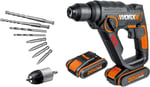 WORX WX390.1 20Volt 2.0Ah. Li-ion 1.2J Profesyonel SDS-Plus Pnömatik Çift Akülü Şarjlı Matkap + 8 Adet Uç + Mandren | 3'ü 1 arada: matkap/perküsyon/vidalayıcı, beton 13 mm, SDS ve HSS matkaplar dahild