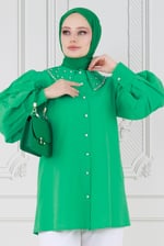 Yakası Taş Çakım Tunik-Benetton Yeşili