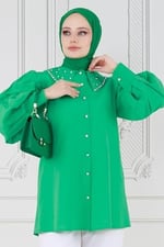 Yakası Taş Çakım Tunik-Benetton Yeşili