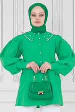 Yakası Taş Çakım Tunik-Benetton Yeşili