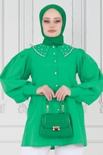 Yakası Taş Çakım Tunik-Benetton Yeşili