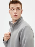 Yarım Fermuarlı Sweatshirt Basic Dik Yaka Ribanalı Uzun Kollu Şardonlu