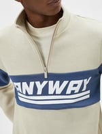Yarım Fermuarlı Sweatshirt Dik Yaka Slogan Baskılı Renk Bloklu Şardonlu