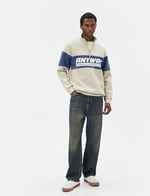 Yarım Fermuarlı Sweatshirt Dik Yaka Slogan Baskılı Renk Bloklu Şardonlu