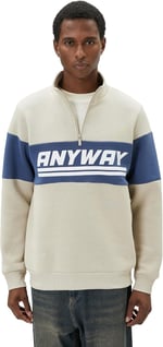 Yarım Fermuarlı Sweatshirt Dik Yaka Slogan Baskılı Renk Bloklu Şardonlu
