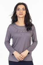 Yeni Model Taş İşlemeli Yuvarlak Yaka Likralı Anne Penye Bluz 6420