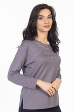 Yeni Model Taş İşlemeli Yuvarlak Yaka Likralı Anne Penye Bluz 6420
