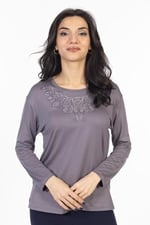 Yeni Model Taş İşlemeli Yuvarlak Yaka Likralı Anne Penye Bluz 6420