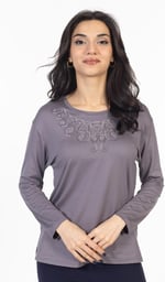 Yeni Model Taş İşlemeli Yuvarlak Yaka Likralı Anne Penye Bluz 6420
