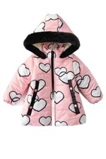 YENİ Sevimli Kalp Baskılı Kürklü Cepli Kapüşonlu Soft Kumaş Kışlık İçi Peluş Kız Bebek Mont Şişme