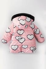 YENİ Sevimli Kalp Baskılı Kürklü Cepli Kapüşonlu Soft Kumaş Kışlık İçi Peluş Kız Bebek Mont Şişme