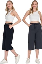 Yüksek Bel Cepli Rahat Kesim Mevsimlik Kadın Diz Altı 2'li Bermuda Siyah-Antrasit Kapri Şort - Bedenler: 3XL, 4XL, XS, S, M, L, XX-Large, XL, Tek Beden