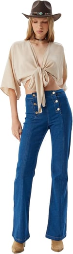 Yüksek Bel İspanyol Paça Düğme Detaylı Slim Kot Pantolon
