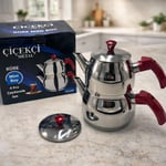 Çiçekci Mini Boy Çelik Çaydanlık Takımı 0.75 + 1.35 LT Kendinden Süzgeçli Küre Model Çift Kapaklı