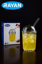 Rayan Pipetli Şık Cam Bardak | Kapaklı Soğuk İçecek Bardağı – Modern ve Estetik Tasarım